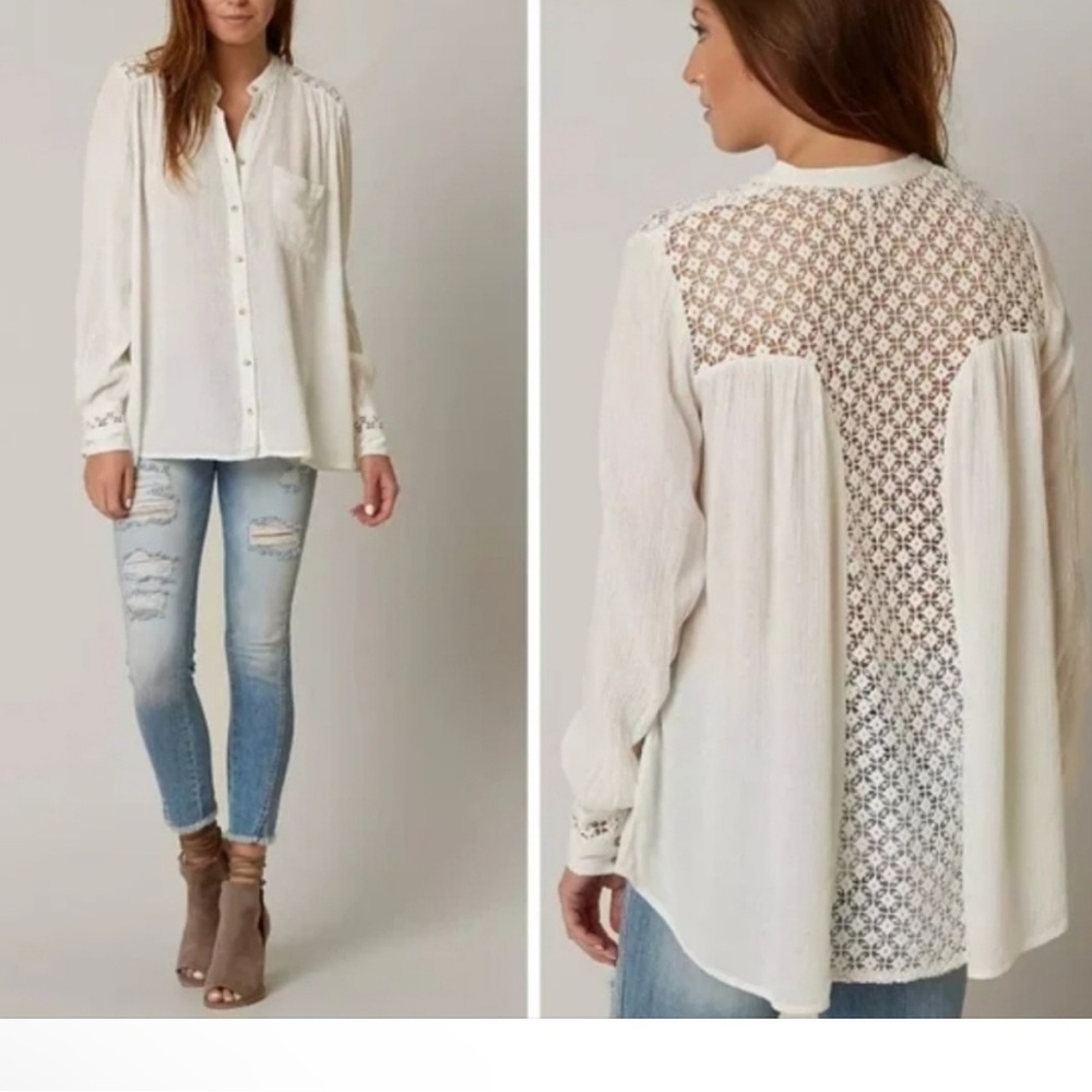 Free People "The Best Shirt" Women's Ivory Crochet Button Down Top M